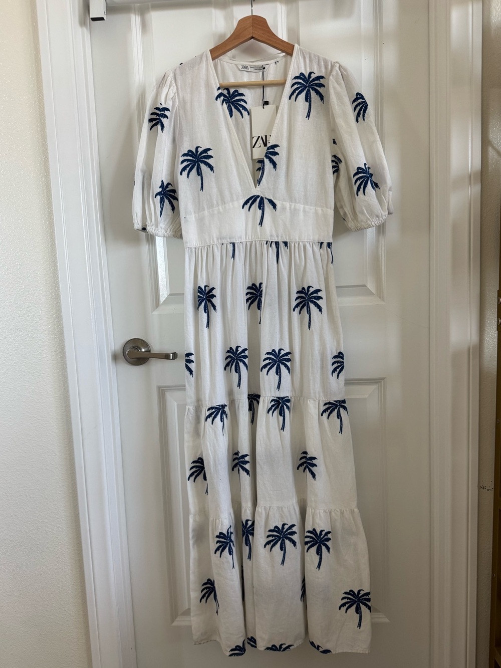 Zara White Maxi Dress with Navy Palm Embroidery Size XS